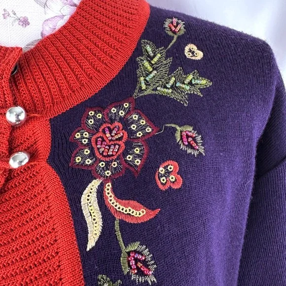 Wool‎ Blend Beaded Embroidered Sequin Open Cardigan Sweater Purple Red Floral - Picture 7 of 17